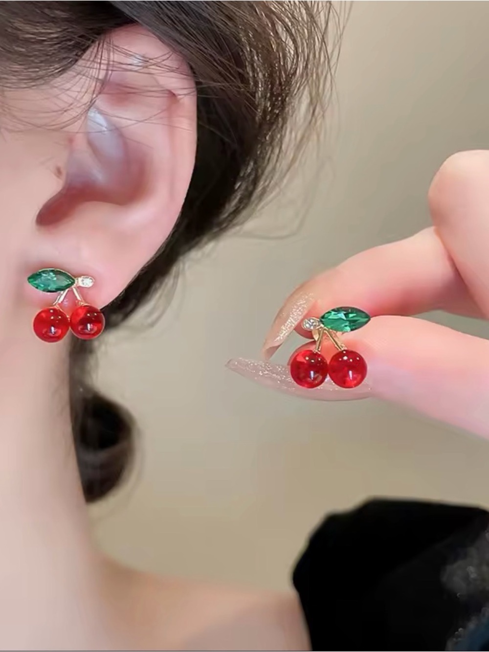 Cherry Crystal Stud Earrings - Red & Green Women Jewelry
